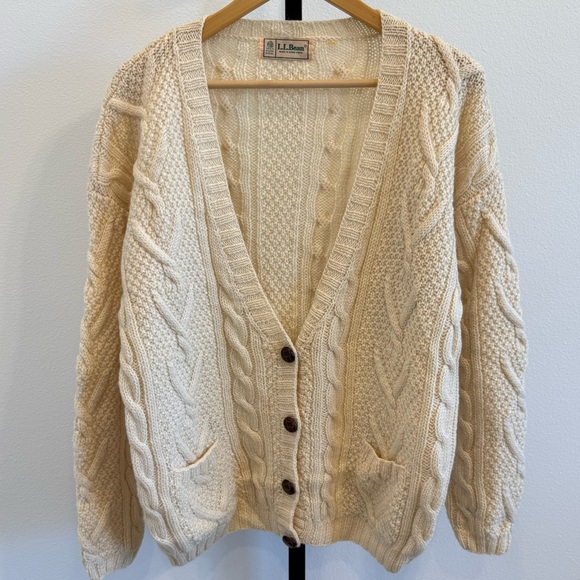 L.L. Bean Sweaters - Vintage L.L. Bean Women's Cream Cable Knit Wool Fisherman Cardigan Sweater